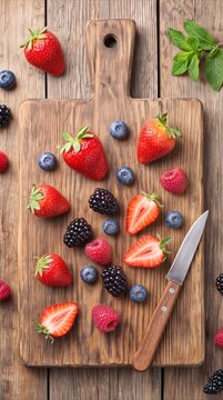 Assorted fresh berries on wooden cutting board with paring knife. Healthy food preparation and nutrition concept.