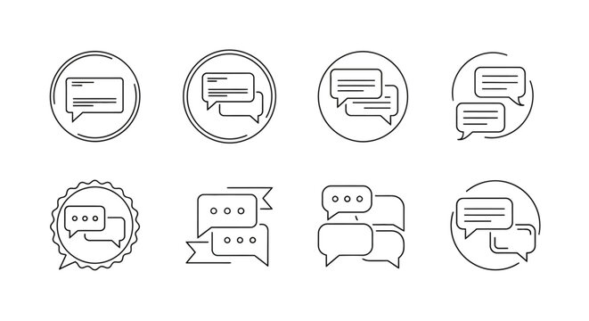Set of eight chat bubble line icons for communication and messaging