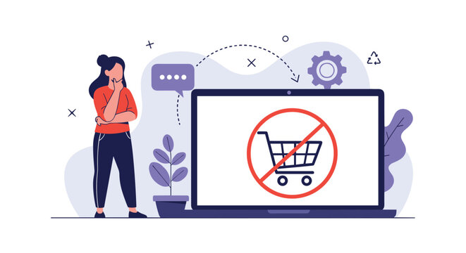 Frustrated woman experiencing online shopping issues with blocked cart icon on laptop screen representing digital commerce failure.