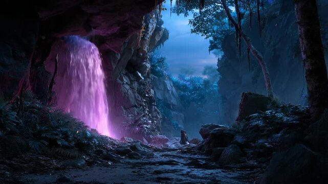 Glowing purple waterfall in a fantasy jungle cave