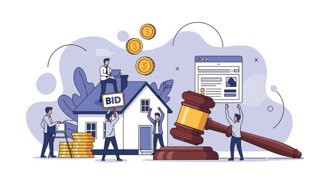 Potential buyers participate in a real estate auction for a house with a giant judge gavel and coins representing the bidding process.