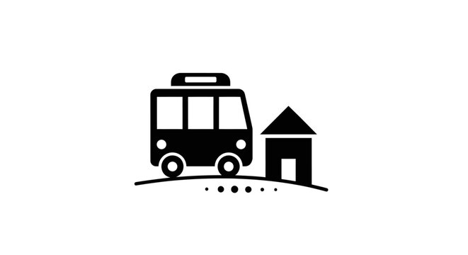 Minimalist black icon of a school bus next to a small house.