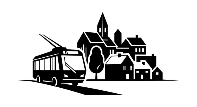 Black and white vector illustration of a trolleybus in a city.