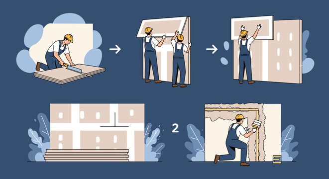 Detailed illustration shows construction workers installing drywall boards and applying joint compound to finish a building wall.