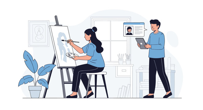 Talented woman paints a portrait on an easel while a man stands nearby using a tablet to view a digital reference for her artwork.
