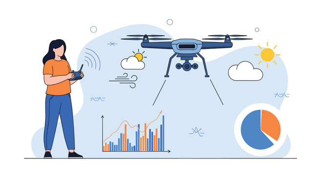 Professional drone operator uses a remote control to fly a quadcopter while monitoring weather conditions and flight data charts.