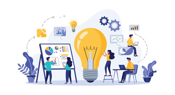 Creative colleagues brainstorm innovative solutions around a large light bulb surrounded by data charts and technology icons.