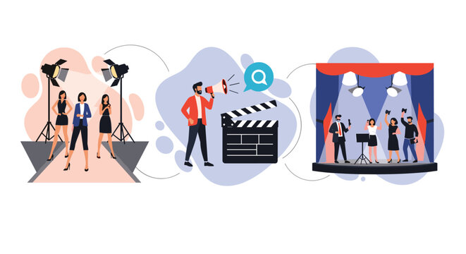 Entertainment industry sequence featuring a fashion runway show, film production directing, and a live theater stage performance.