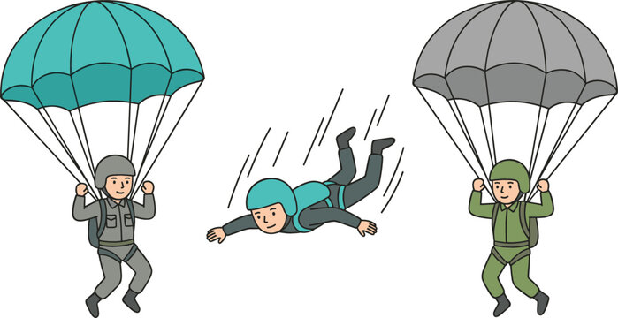Parachuting Adventure Collection Vector Illustration Featuring Skydivers Freefall Jumping and Military Parachute Landing Activities