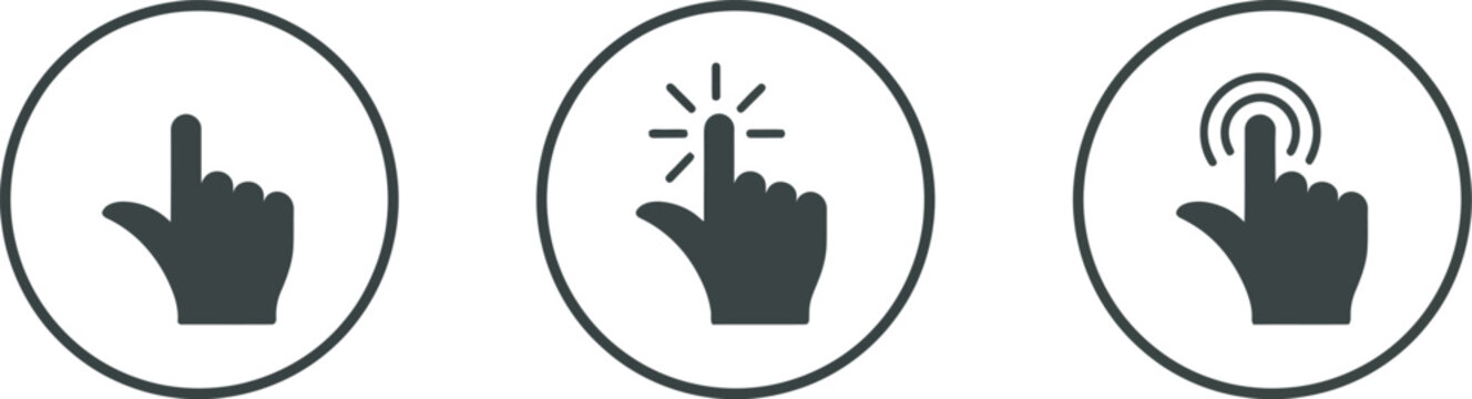 Hand, click icon set featuring pointer cursor and clicking gesture symbols in clean vector style ideal for UI design, web interactions, and digital interface elements.