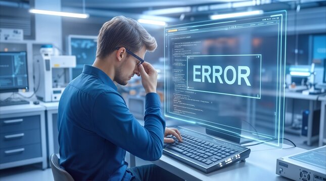 IT professional rubbing eyes while facing critical system error on digital display. Troubleshooting software bugs in modern server room.
