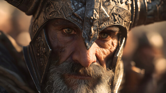 Ancient Quranic king Dhul-Qarnayn featuring an intricately carved horned helmet and grey beard, wise legendary conqueror bathed in warm sunset light.