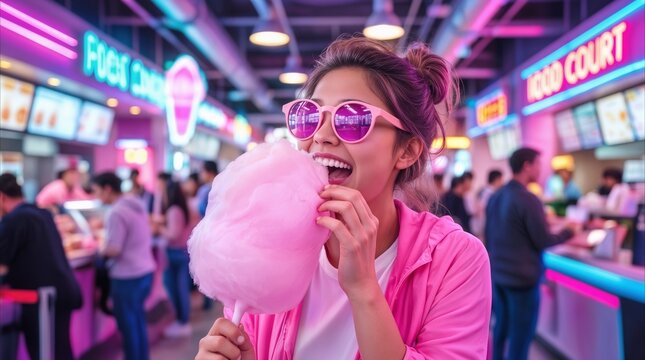 Teenager eating pink cotton candy in vibrant neon food court. Young woman enjoying sweet snack at shopping mall under colorful lights.