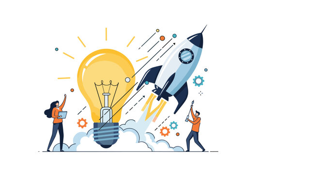 startup team launches a rocket next to a giant lightbulb representing the realization of creative ideas and business innovation.