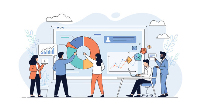 Team of professionals analyzing global business data and financial statistics on large interactive digital screen in office.