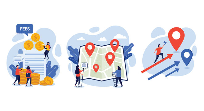 Collection of business concepts including financial fees management, location mapping with navigation pins, and career growth strategy.