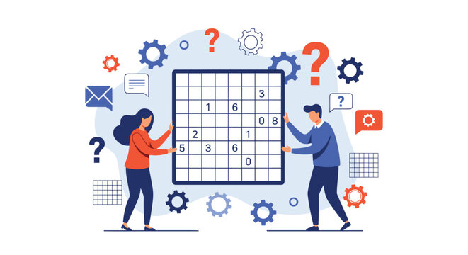 Two people collaborating to solve a large Sudoku puzzle surrounded by symbols of logic, gears, and question marks.