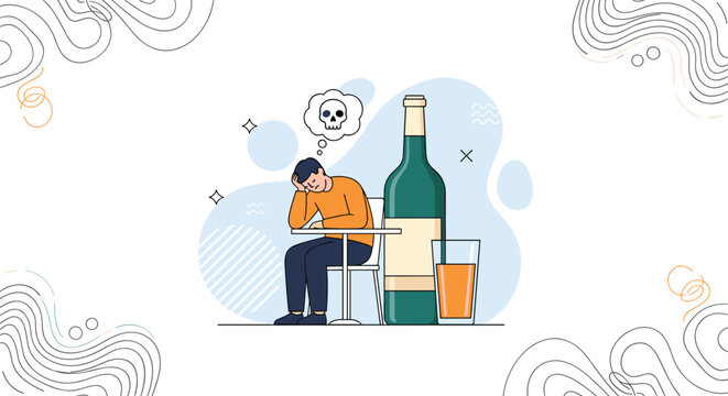 Sad man sitting at a table with a large bottle of alcohol and a glass worried about the deadly health effects of addiction.