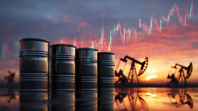 Oil barrels and trading chart at sunset