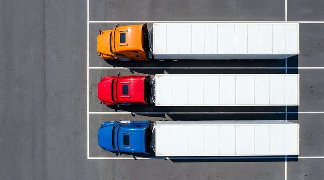 Aerial view of colorful semi trucks parked in marked parking spaces at logistics yard
