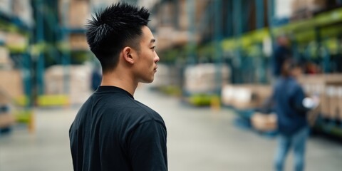 Fototapeta premium Young man standing in warehouse aisle observing inventory operations