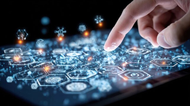 Human finger interacts with glowing digital hexagonal interface displaying abstract data structures