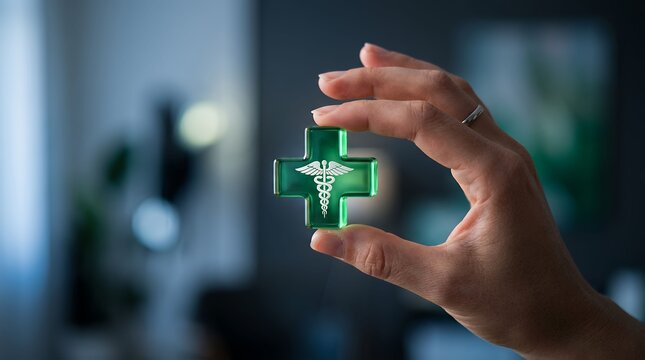 Close up of hand holding green medical symbol with blurred background in modern room