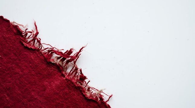 Close up of red fabric with frayed edges on white background showcasing texture and detail