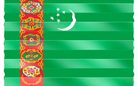 Vibrantly Illustrated Flag of Turkmenistan Featuring a Distinctive Green Field, Red Vertical Stripe with Five Traditional Carpet Guls, Crescent Moon, and Five Stars