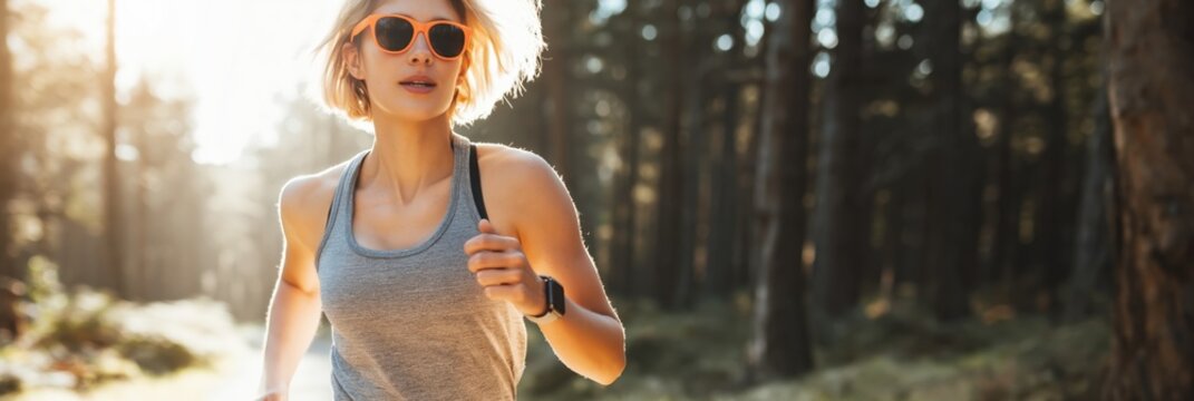 Female runner jogging through sunlit forest path closeup