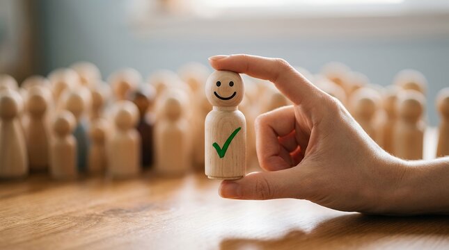 Concept of selecting happy wooden figure with checkmark among blurred crowd of figures