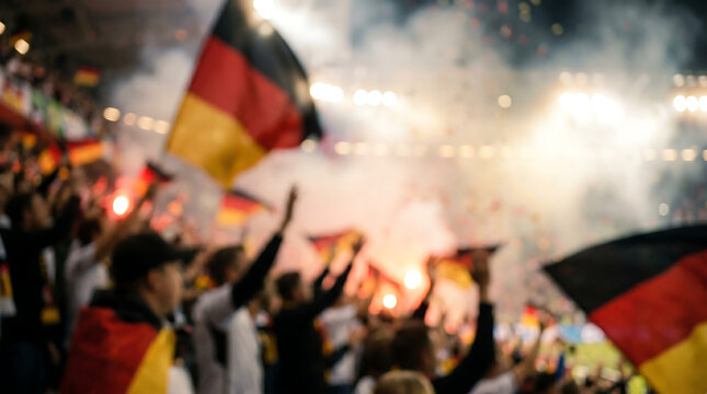 Intentationally blurred crowd with waving German flags at a football stadium during a night match celebrating victory and atmosphere