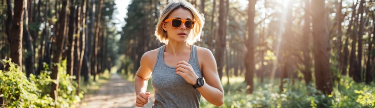 Woman jogging on forest trail during sunny morning run