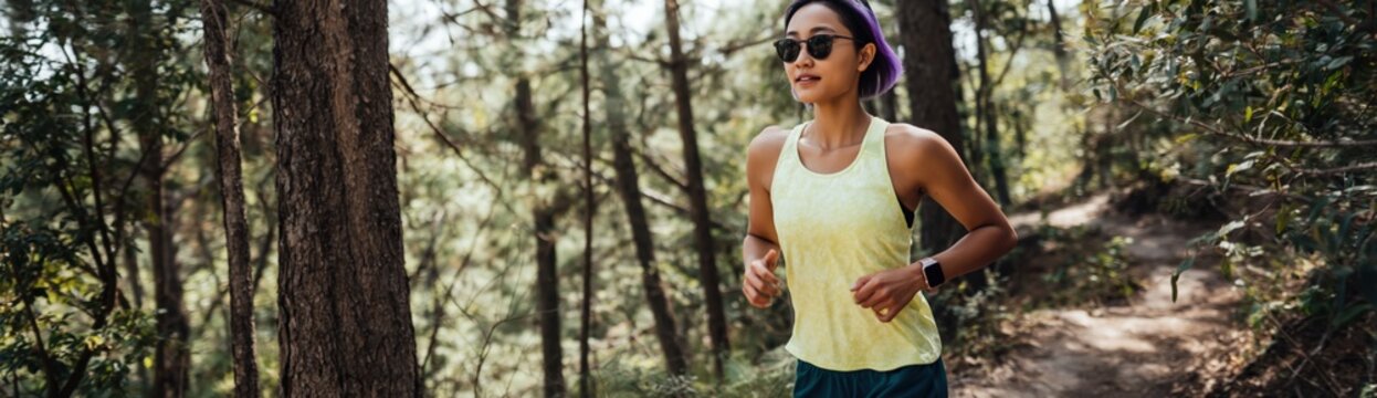 Female runner jogging along sunlit forest trail with trees