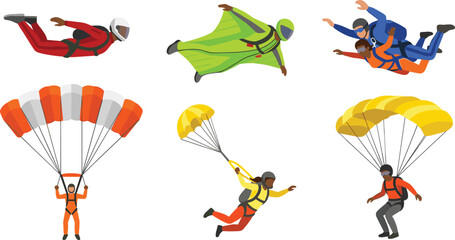 Skydiving and Parachuting Collection Vector Illustration Featuring Wingsuit Flying Tandem Jumping and Extreme Air Sports Activities © sumi