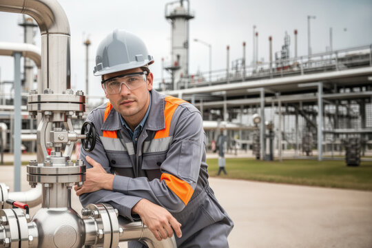 Man inspecting pipeline valve at oil refinery while wearing safety gear