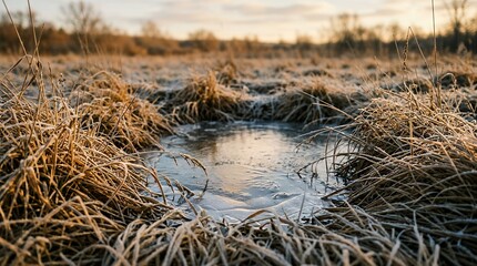 Naklejka premium Frozen small pond surrounded by dry grass in a winter nature landscape at sunset