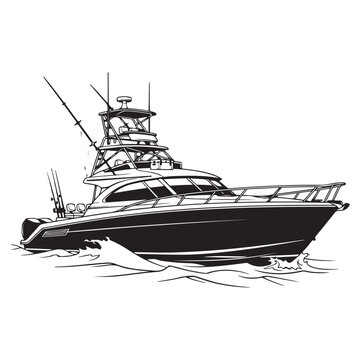 Sport fishing boat vector illustration with outriggers and flybridge cruising on water for nautical design and marine branding