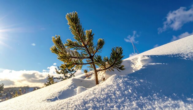 A small pine tree stands alone in a snowy landscape, illuminated by bright sunlight against a clear blue sky.