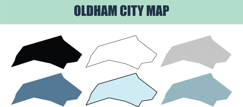 Oldham city map outlines in various styles and colors for urban planning and demographic analysis