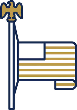 Of a flag with gold stripes and eagle finial on a pole