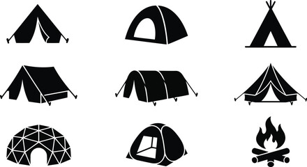 Icon set of tent and campfire silhouettes on transparent background © Tamanna