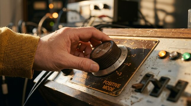 Person adjusting vintage industrial control panel knob for machinery operation and settings
