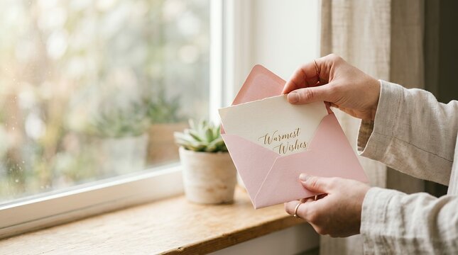 Person opening a delicate envelope with a greeting card near window and plant