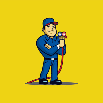 HVAC technician cartoon mascot holding manifold gauges, air conditioning repair service vector illustration