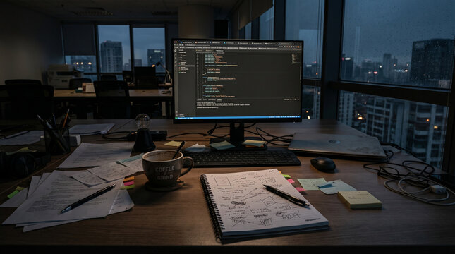 Late night software development workspace with computer code on monitor in dark modern office, programmer desk and overtime technology concept