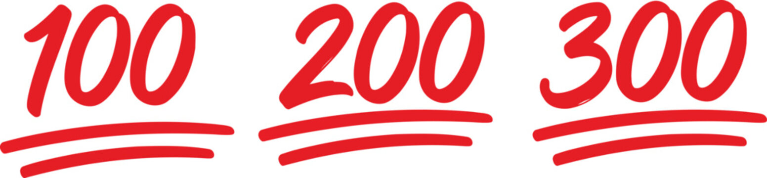 Handwritten one hundred, two and three hundred on transparent background