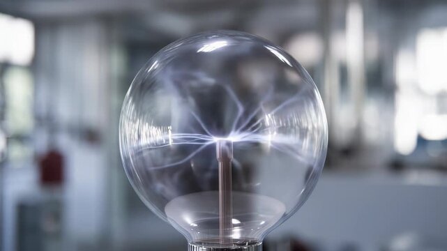 Plasma globe showcasing electric current filaments and light discharges, illuminating the interior glass sphere, a captivating physics experiment representing technology and research