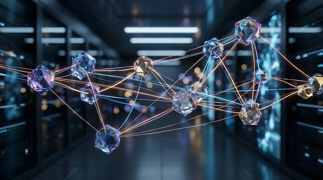 Glowing nodes connected by threads in a dark server room