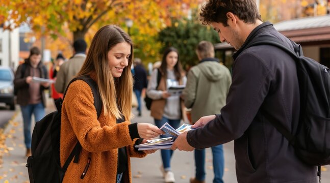 Young adults distribute leaflets outdoors on sidewalk with autumn leaves. People share voter information, encourage participation in elections. Engage passersby on college campus city street,